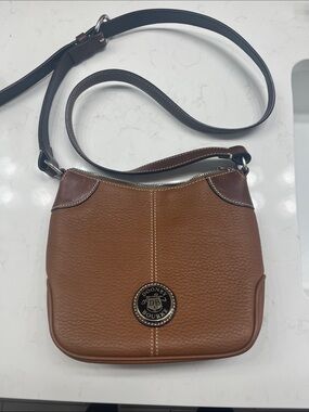 Dooney & Bourke Cognac Pebbled Leather Crossbody Bag with Dark Brown Trim